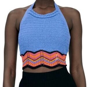 Zara Crochet Knit Blue Coral Open Back Halter Crop Top  Size Small